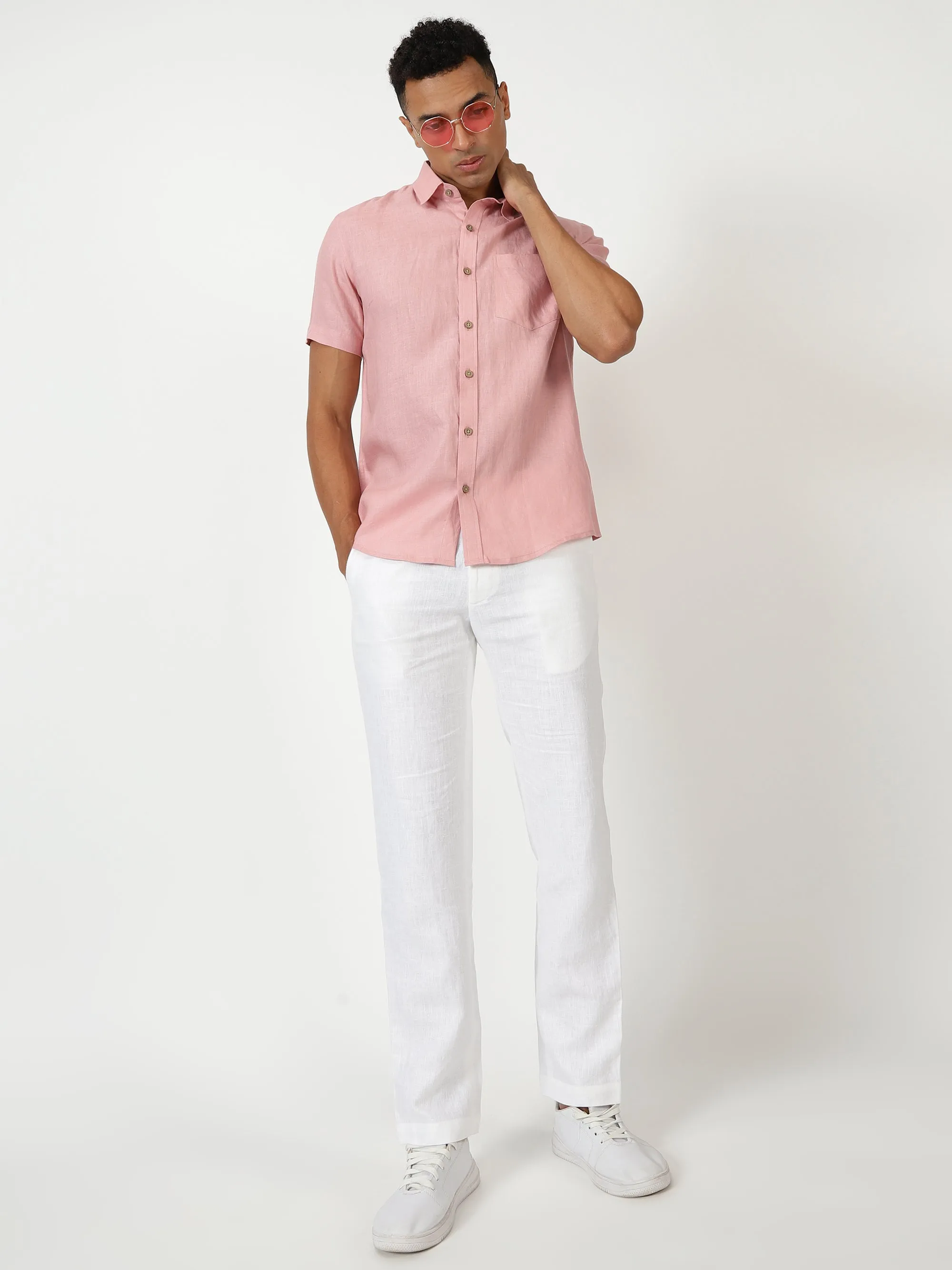 Harvey - Pure Linen Half Sleeve Shirt - Salmon Pink