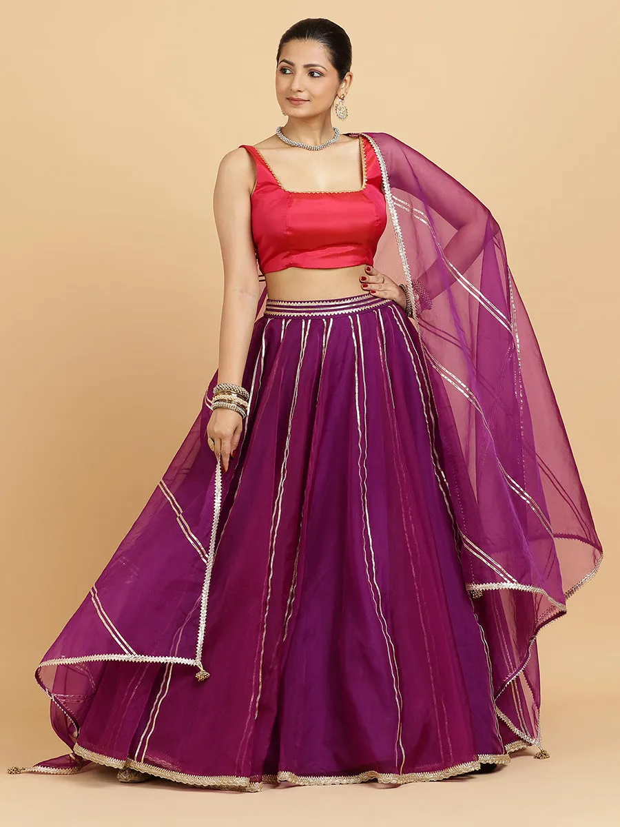 Heer Zeba 4-Pc Lehenga Set x Tyohaar | Purple Lehenga, Rani Pink Blouse with Falak Purple Dupatta and Cancan Skirt
