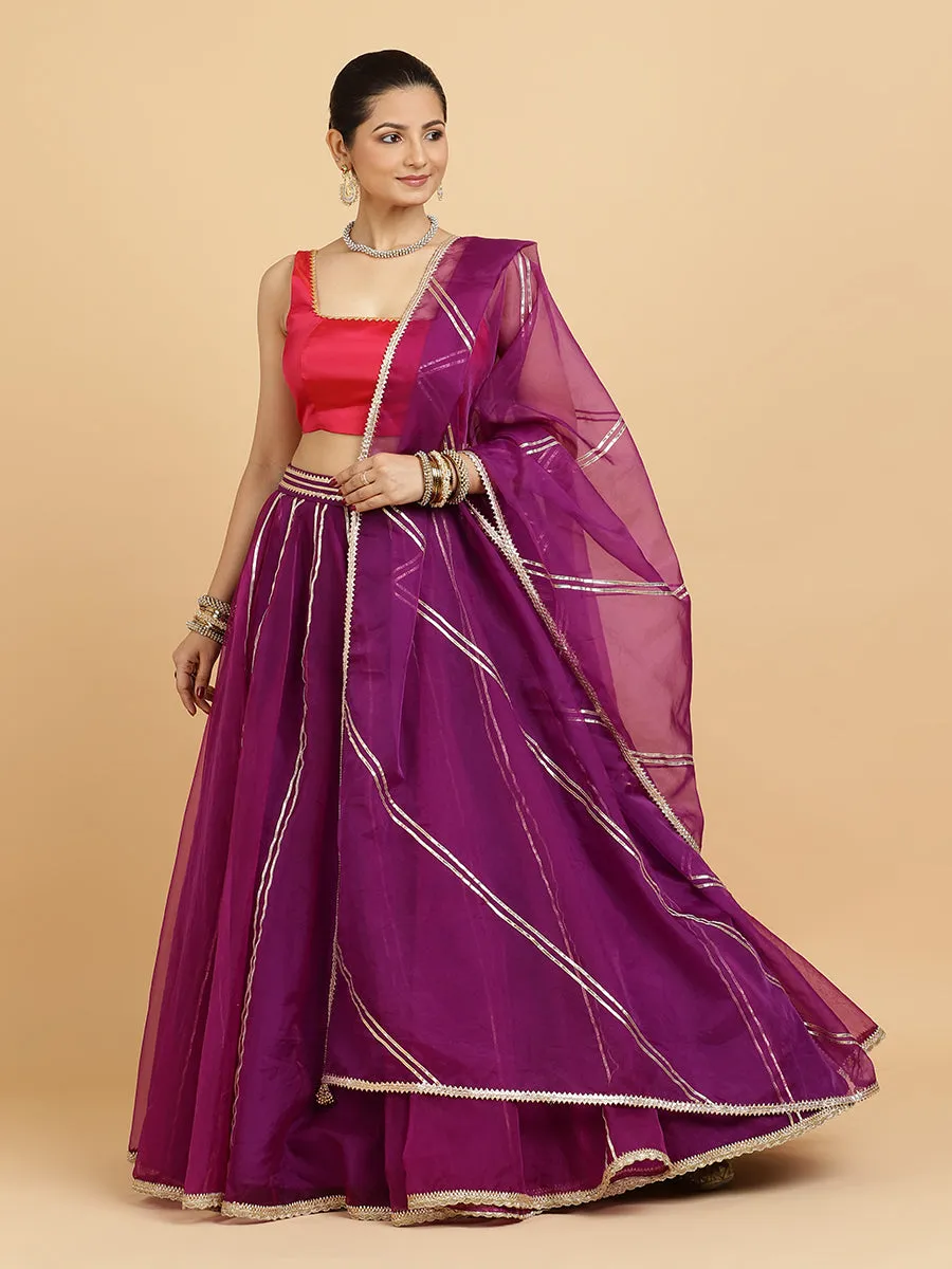 Heer Zeba 4-Pc Lehenga Set x Tyohaar | Purple Lehenga, Rani Pink Blouse with Falak Purple Dupatta and Cancan Skirt
