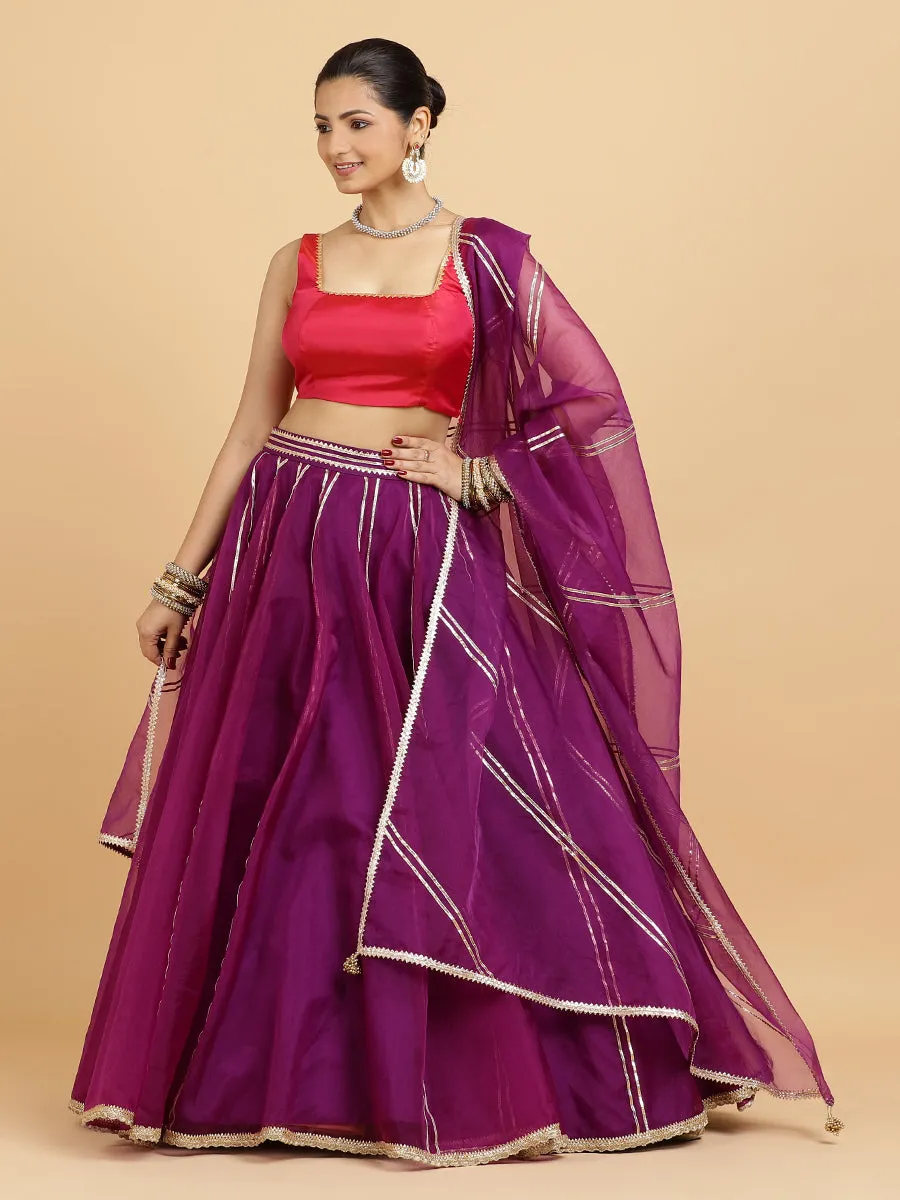 Heer Zeba 4-Pc Lehenga Set x Tyohaar | Purple Lehenga, Rani Pink Blouse with Falak Purple Dupatta and Cancan Skirt