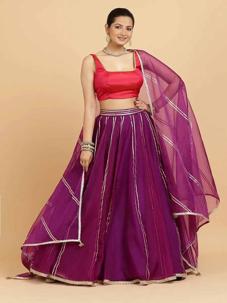 Heer Zeba 4-Pc Lehenga Set x Tyohaar | Purple Lehenga, Rani Pink Blouse with Falak Purple Dupatta and Cancan Skirt