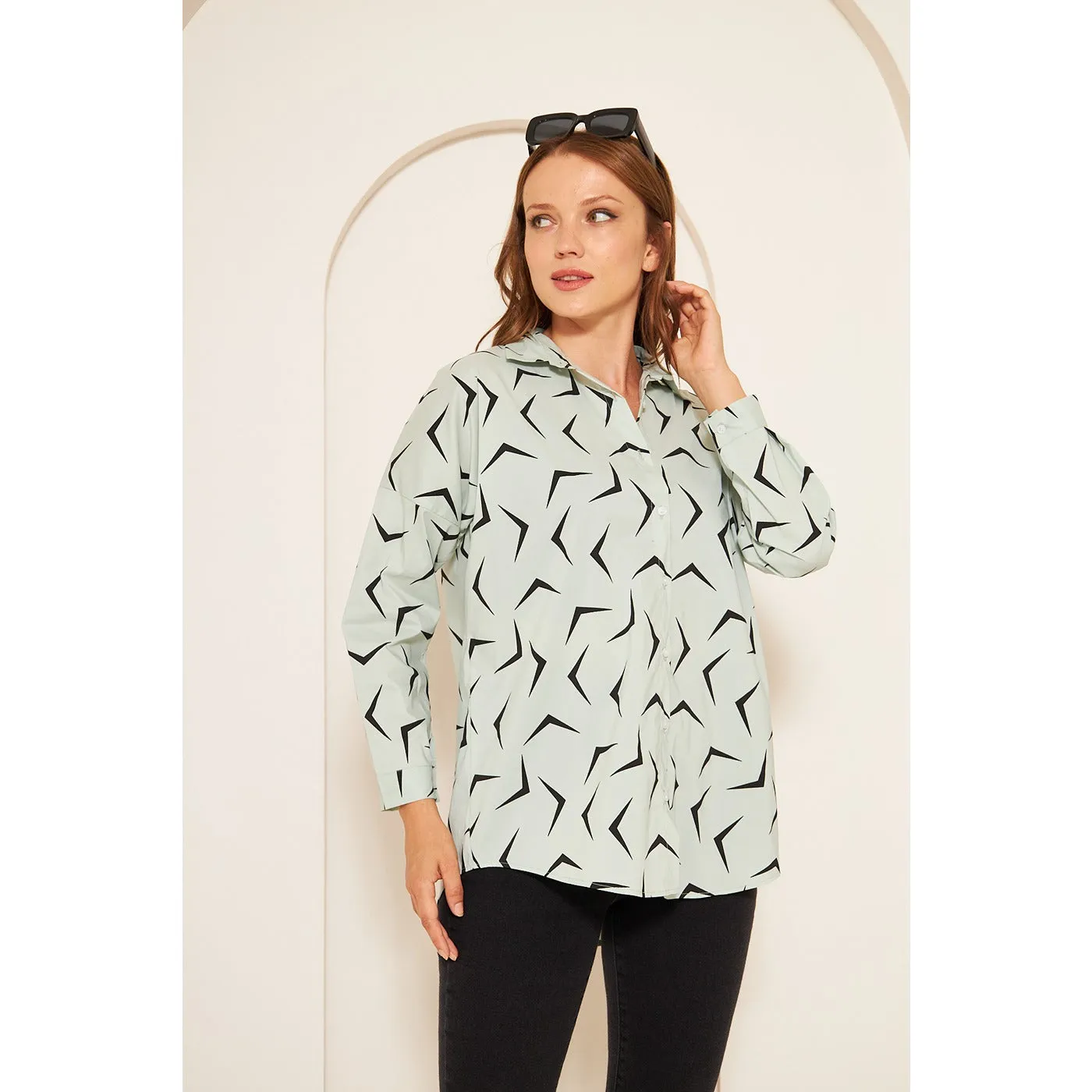 Light Green Patterned Oversized Shirt