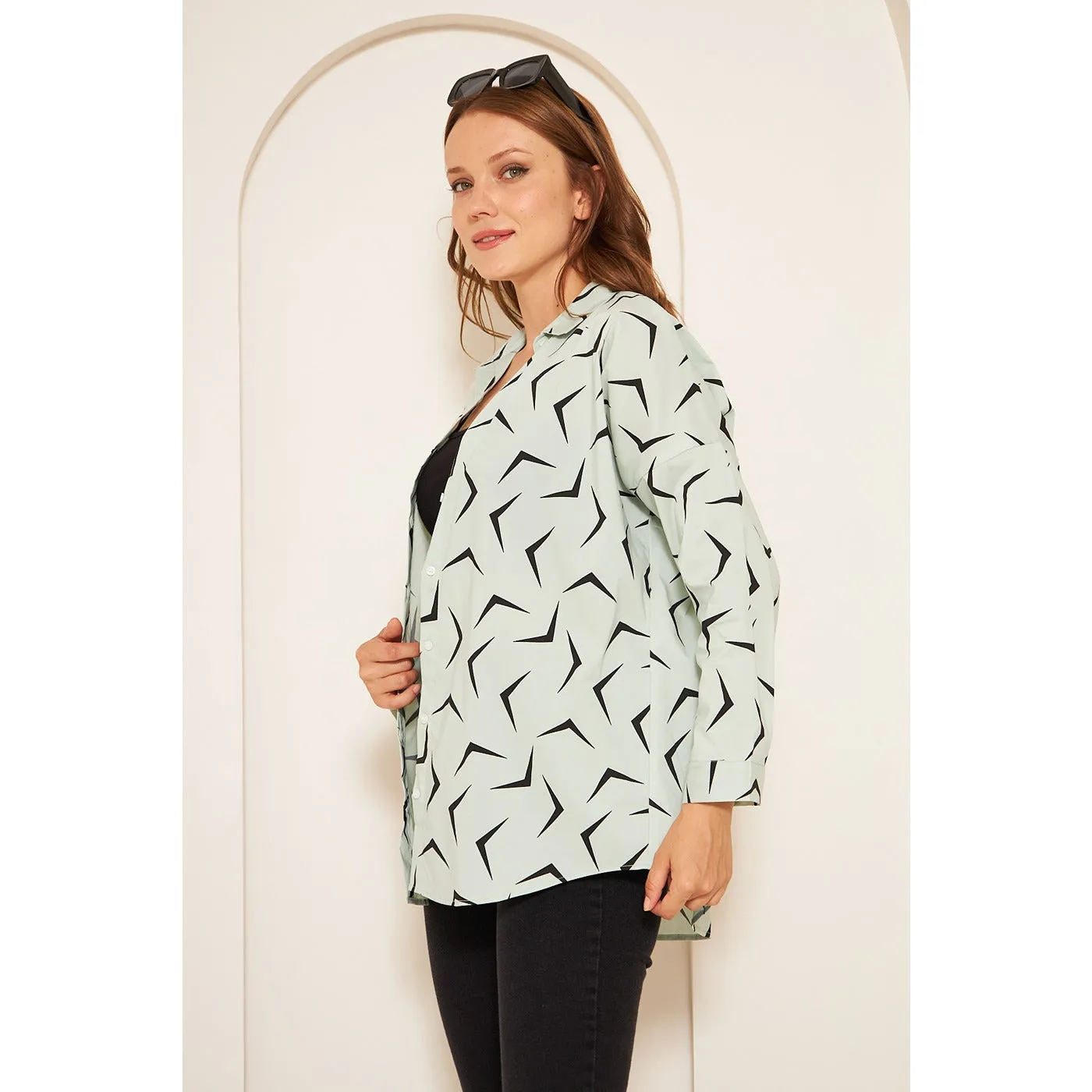 Light Green Patterned Oversized Shirt