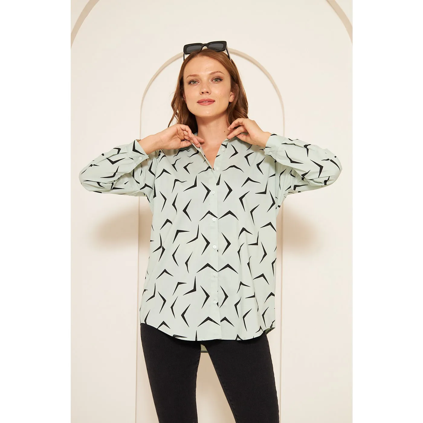 Light Green Patterned Oversized Shirt