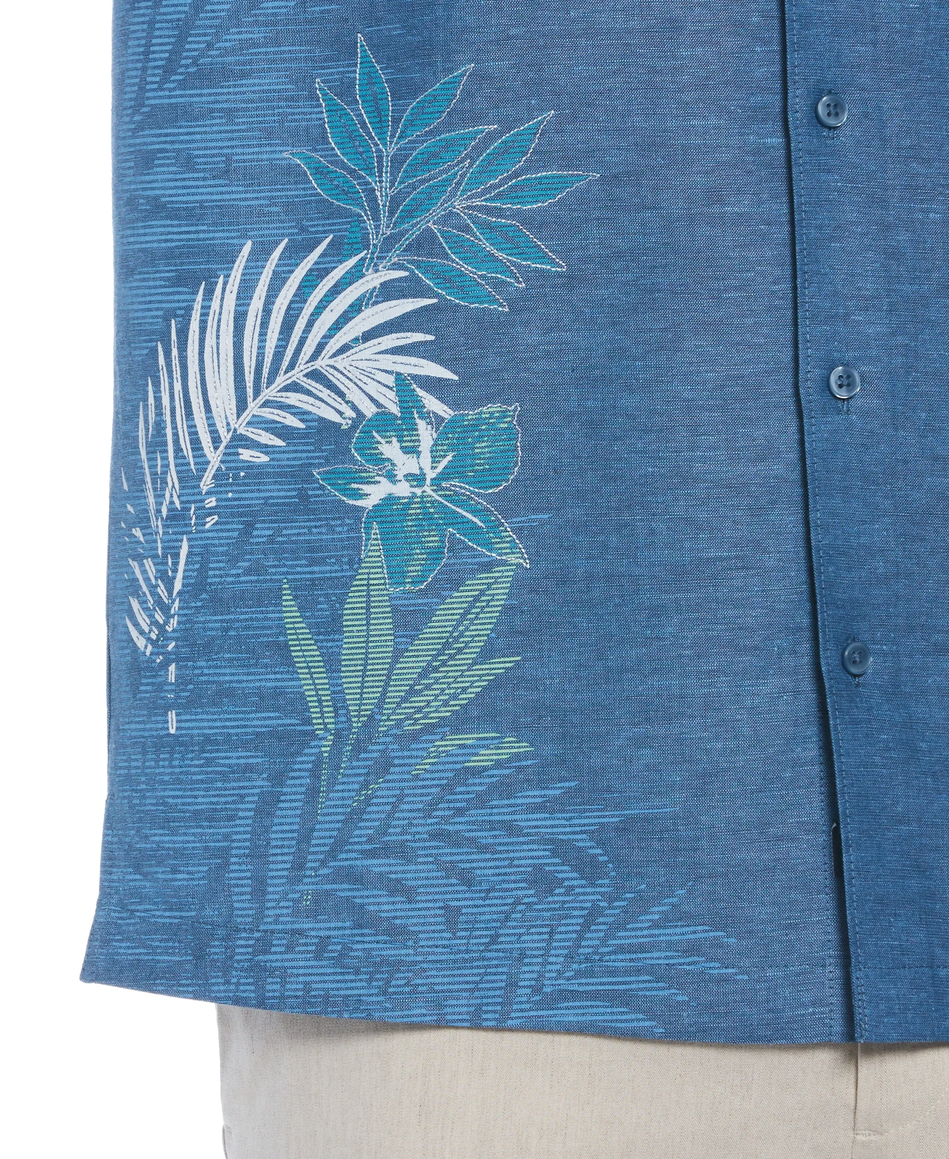 Linen Blend Asymmetrical Tropical Leaf Print Shirt