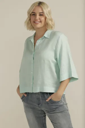 Linen Cropped Shirt Ocean