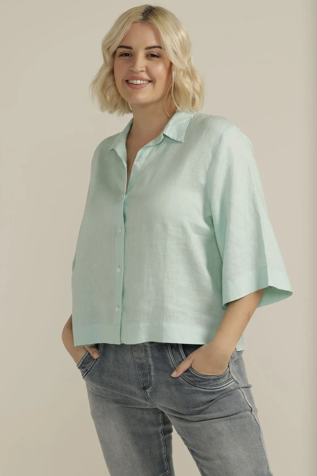 Linen Cropped Shirt Ocean