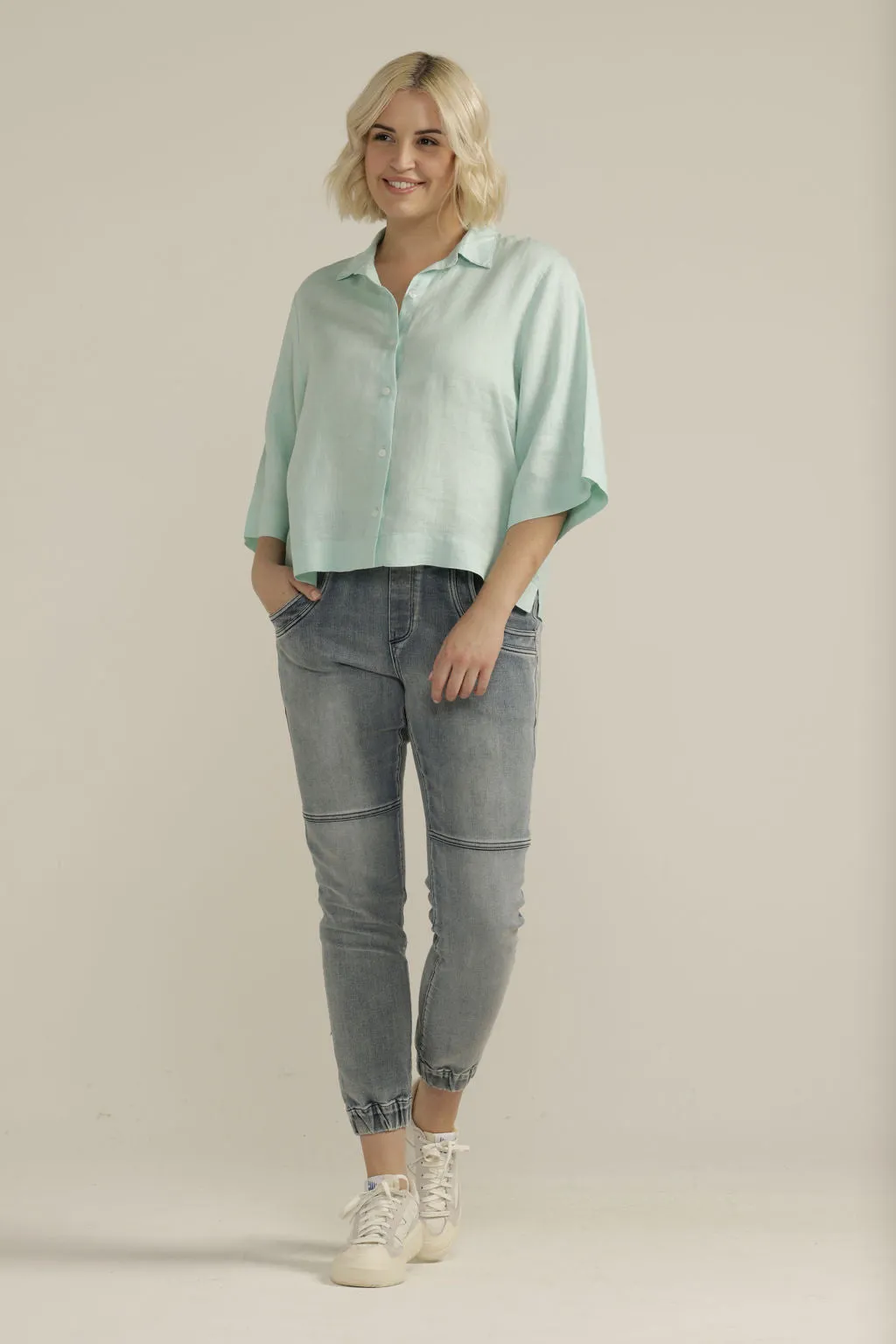 Linen Cropped Shirt Ocean