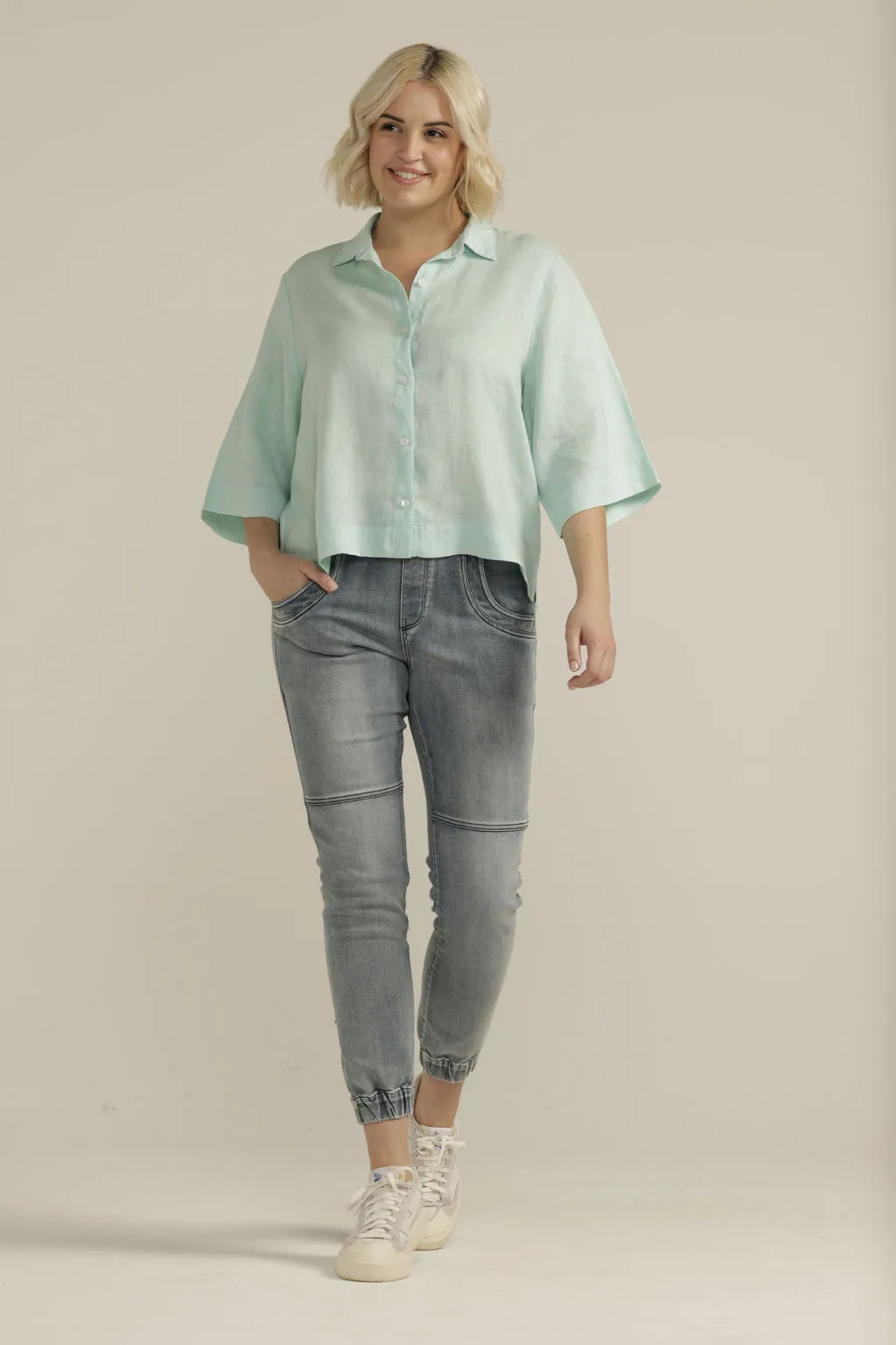 Linen Cropped Shirt Ocean
