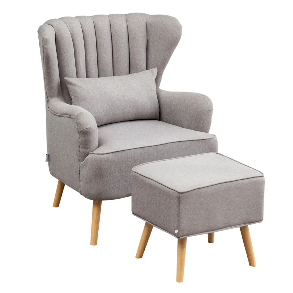 Living Room Linen Lounge Chair Grey Padded Armchair with Footstool