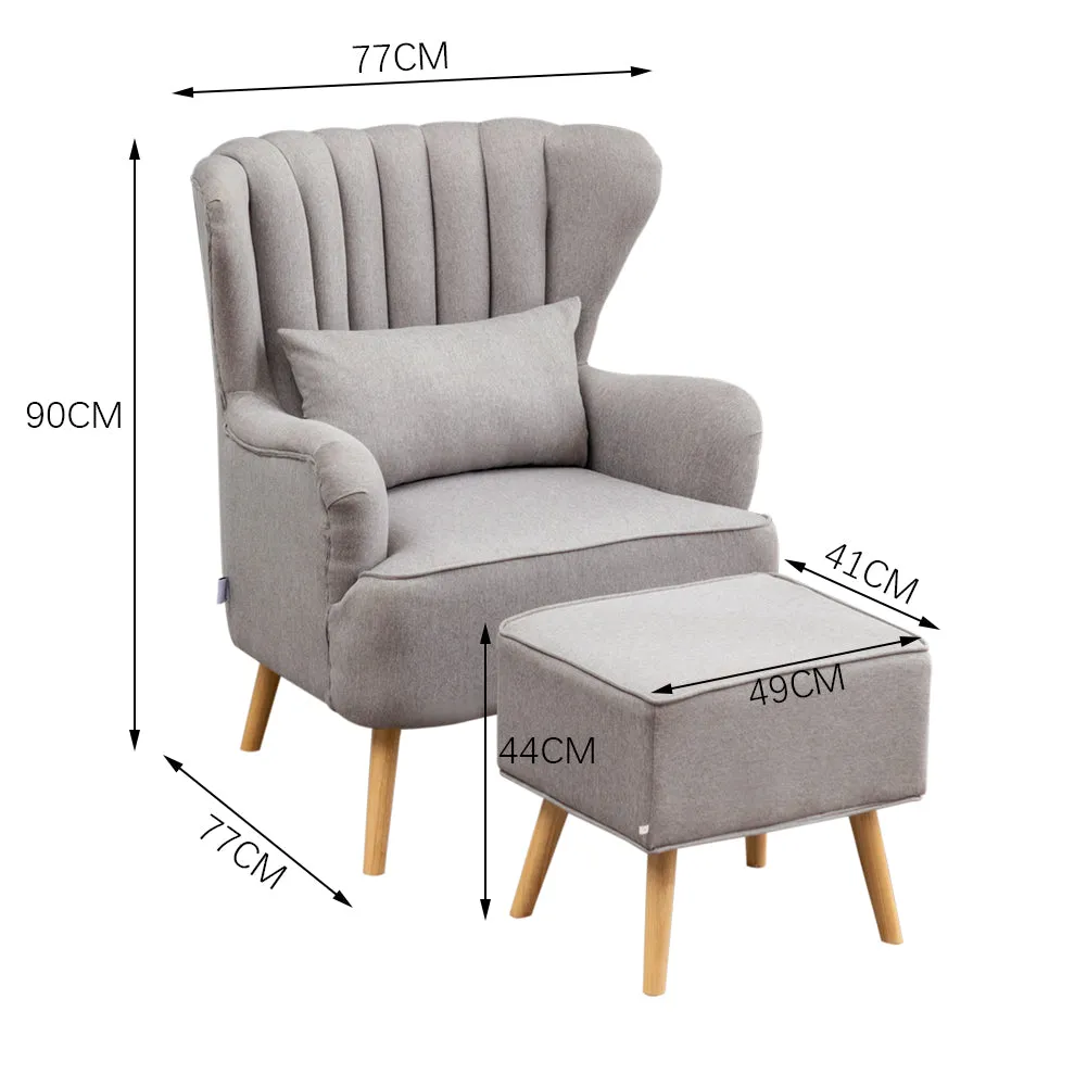 Living Room Linen Lounge Chair Grey Padded Armchair with Footstool