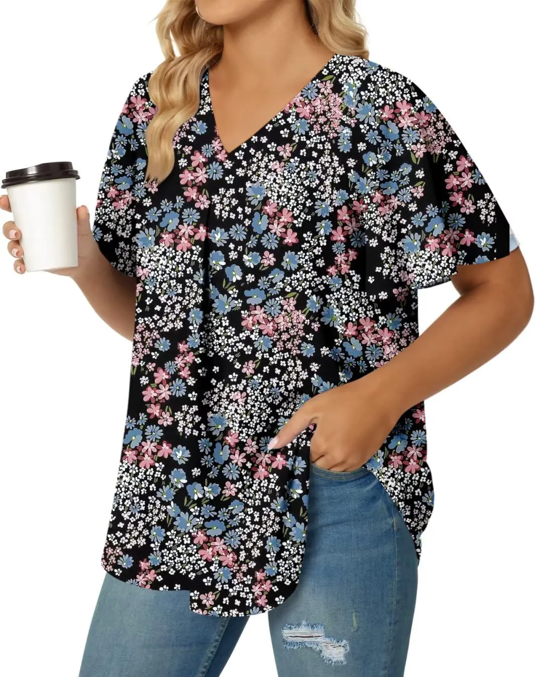 Magritta Womens Plus Size Tops Flowy Summer Blouses Short Sleeve Shirts Pleated Dressy Tunic Tops