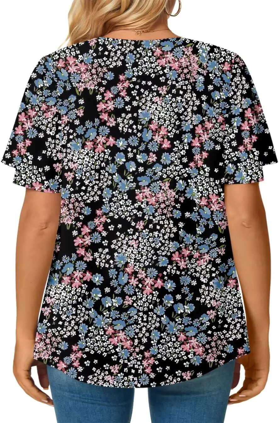 Magritta Womens Plus Size Tops Flowy Summer Blouses Short Sleeve Shirts Pleated Dressy Tunic Tops