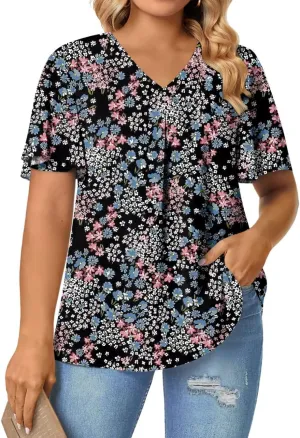 Magritta Womens Plus Size Tops Flowy Summer Blouses Short Sleeve Shirts Pleated Dressy Tunic Tops