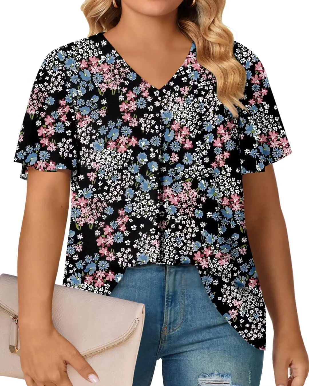 Magritta Womens Plus Size Tops Flowy Summer Blouses Short Sleeve Shirts Pleated Dressy Tunic Tops