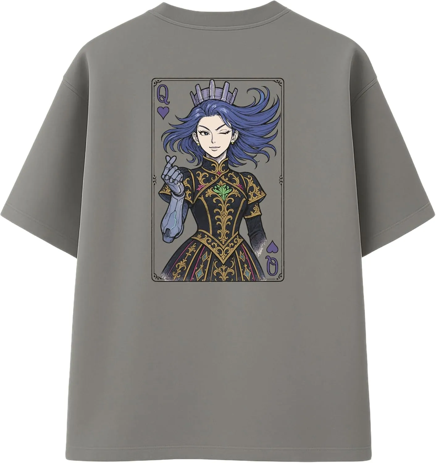 Men's Dark Hearts Queen Graphic T-Shirt Anime Playing Card Casual Grey Cotton Techwear Oversized Tee Shirt for Men