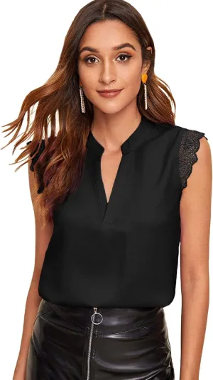 Milumia Women's Elegant Notch V Neck Sleeveless Blouse Guipure Lace Work Office Top