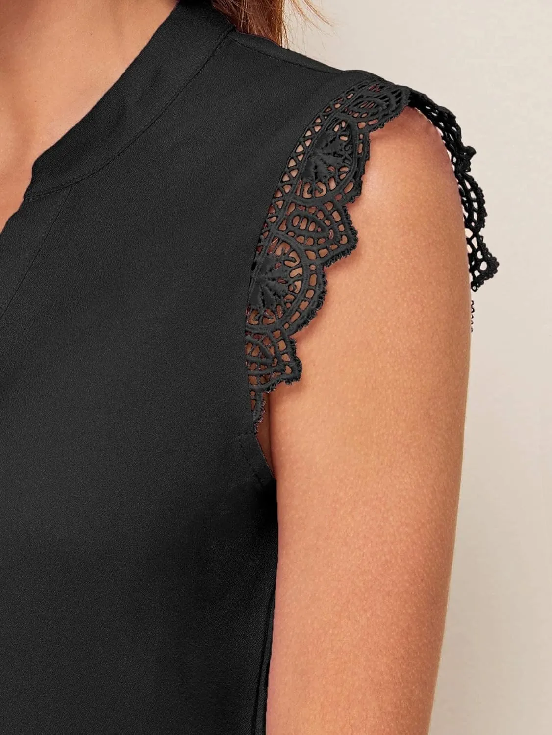 Milumia Women's Elegant Notch V Neck Sleeveless Blouse Guipure Lace Work Office Top
