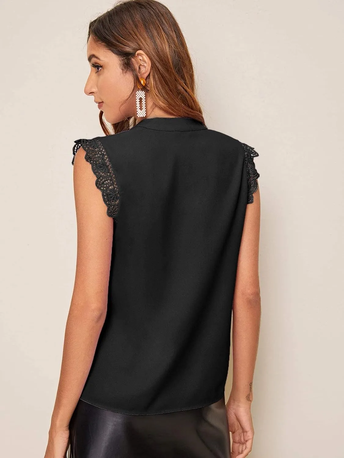 Milumia Women's Elegant Notch V Neck Sleeveless Blouse Guipure Lace Work Office Top