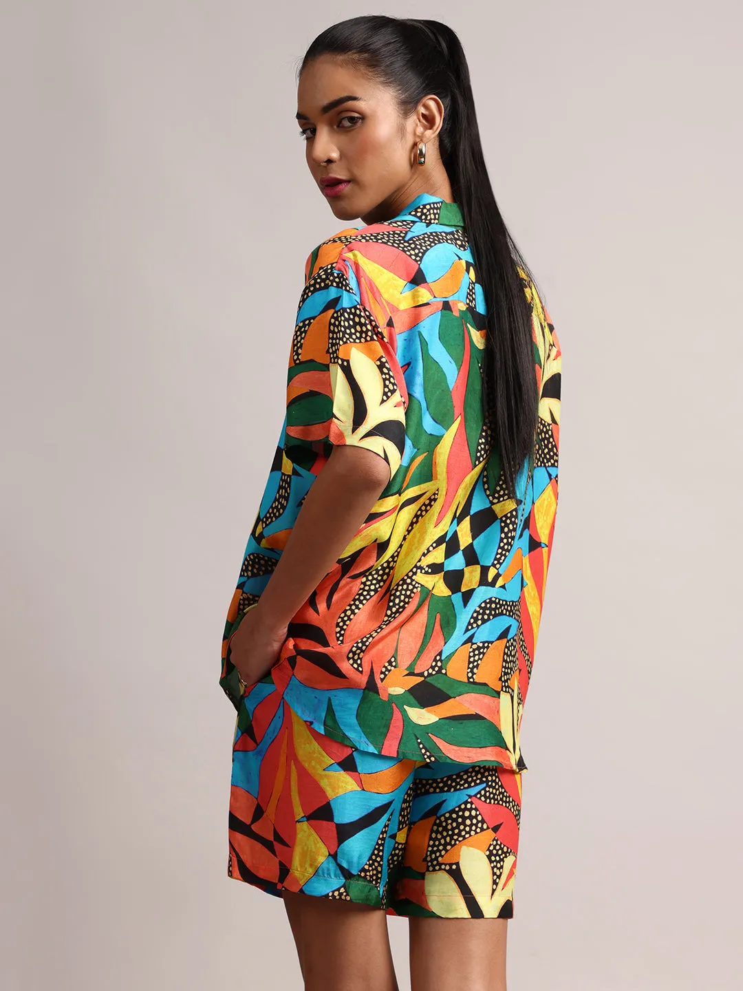 Multicoloured Muslin Tropical Shirt Styles Co-ords Set