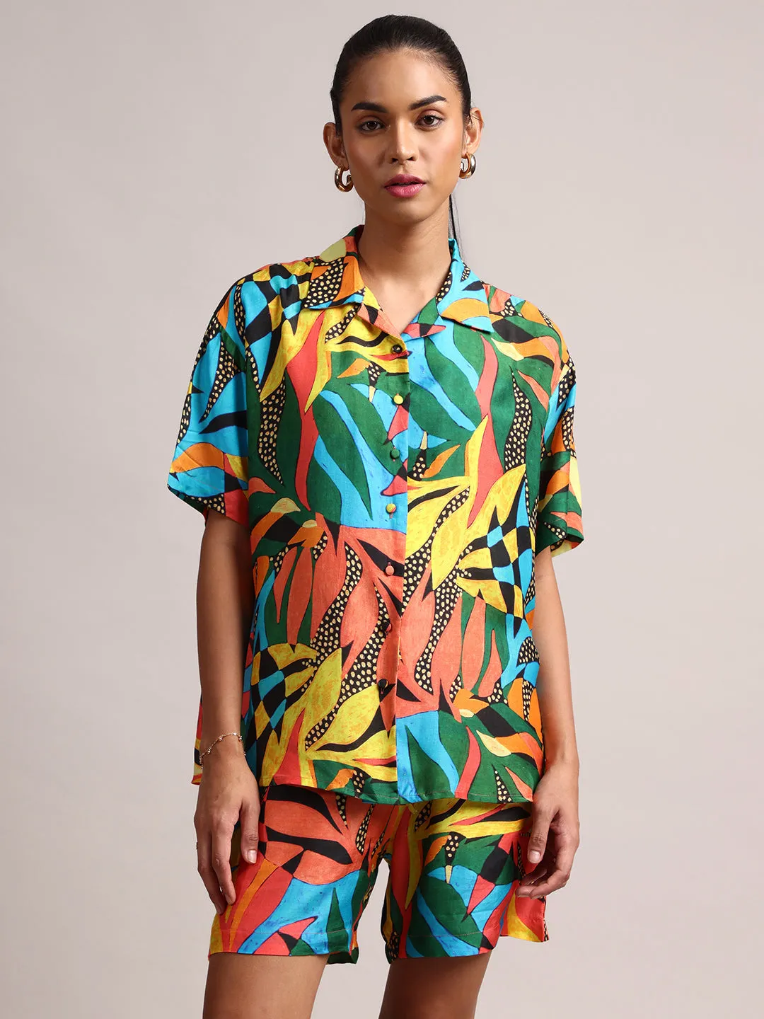 Multicoloured Muslin Tropical Shirt Styles Co-ords Set
