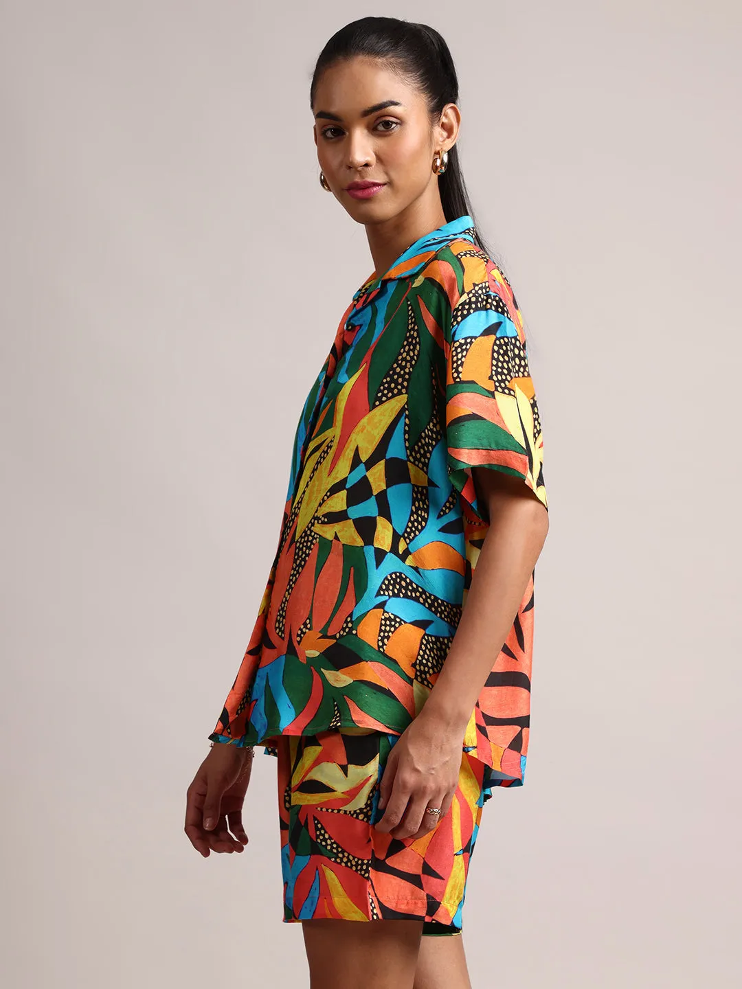 Multicoloured Muslin Tropical Shirt Styles Co-ords Set