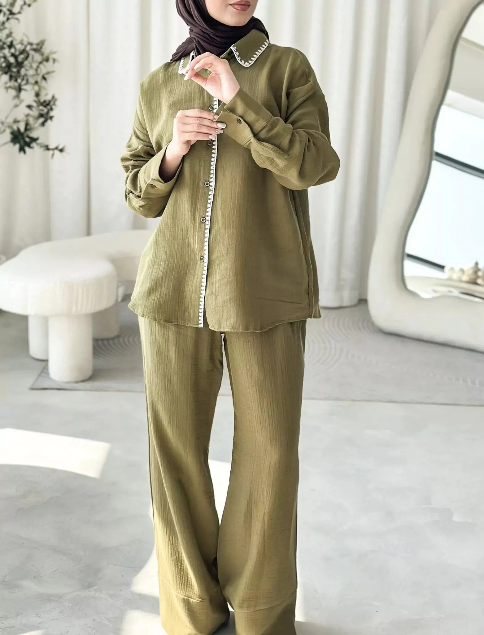 Muslin Embroidered Co Ord Green