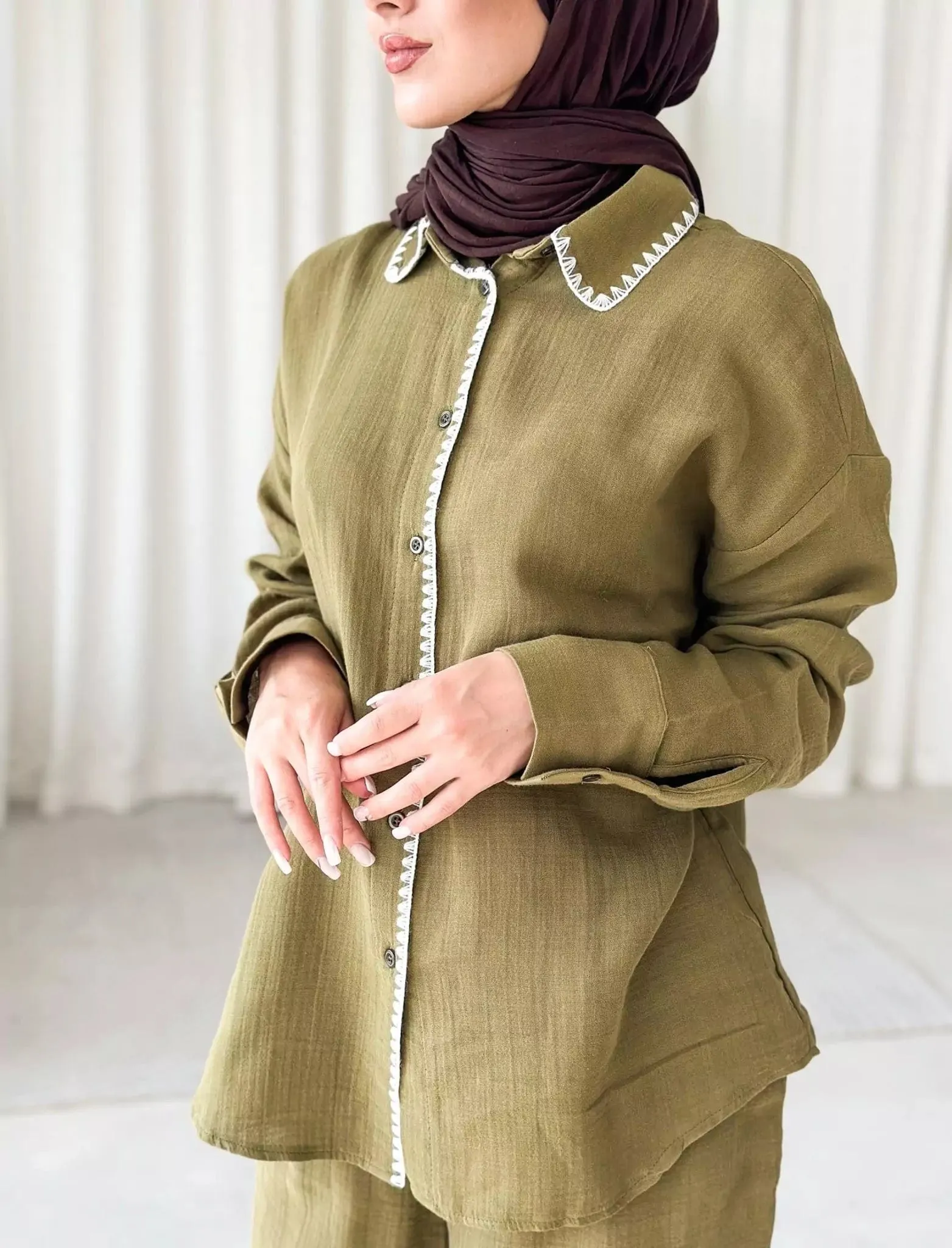Muslin Embroidered Co Ord Green