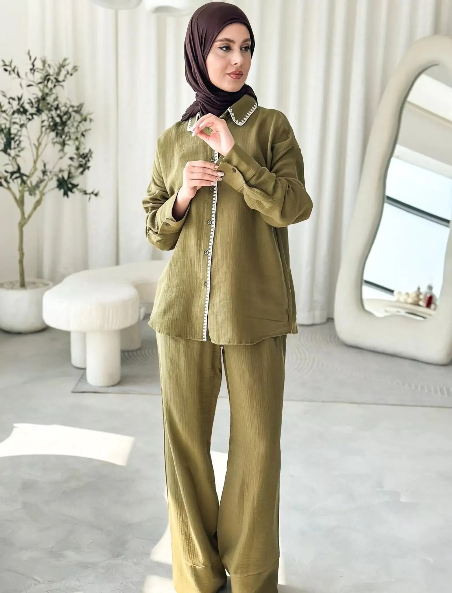 Muslin Embroidered Co Ord Green