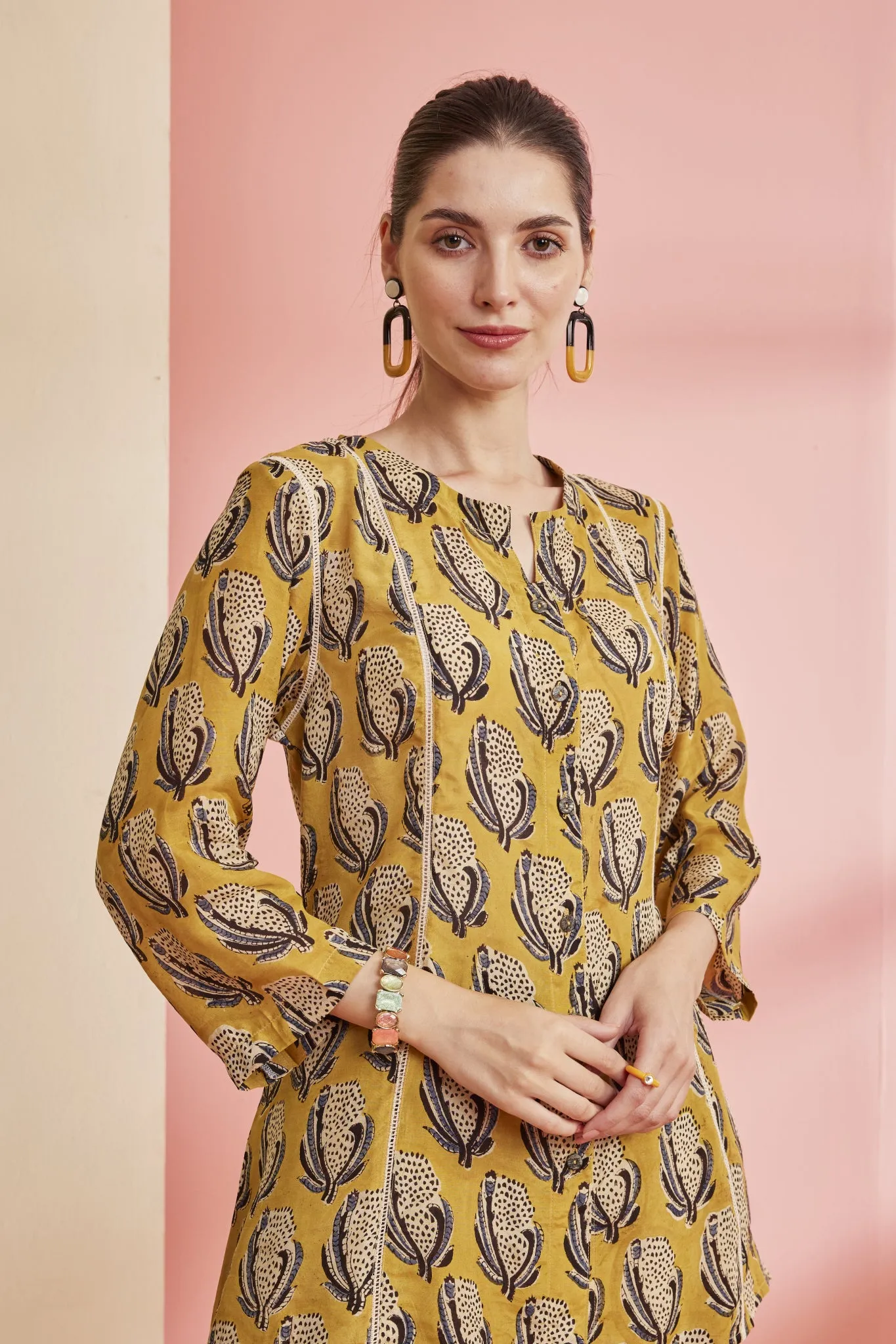 Mustard:Hand-Blocked Bagru Print Shirt