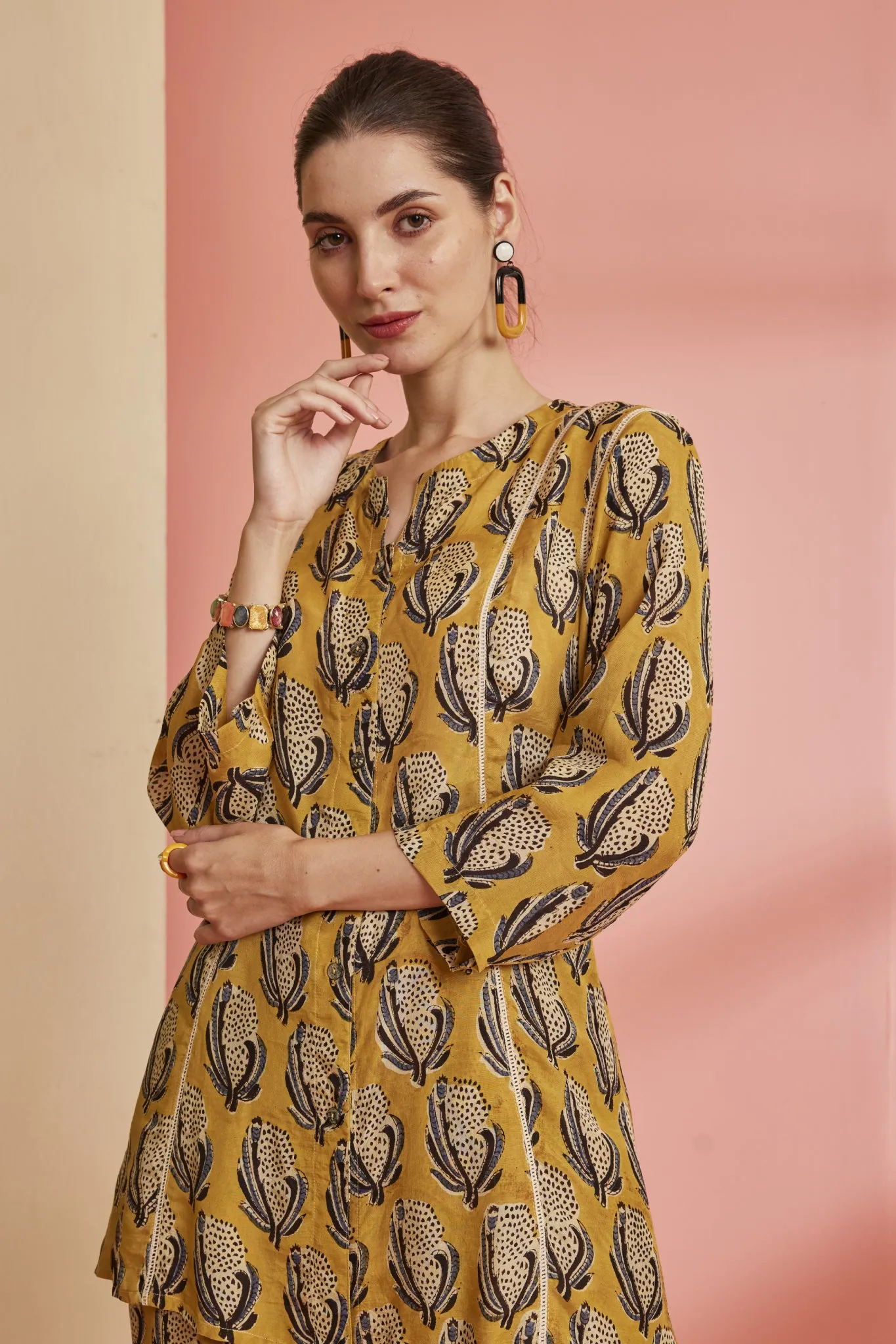Mustard:Hand-Blocked Bagru Print Shirt