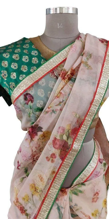 Organza Peach Floral Border Work Saree SP19