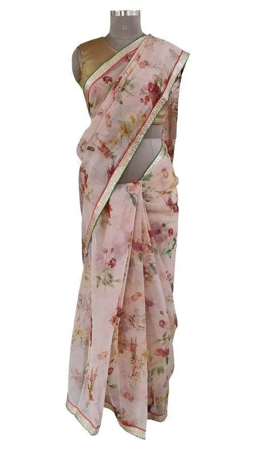 Organza Peach Floral Border Work Saree SP19