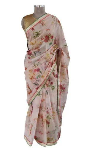 Organza Peach Floral Border Work Saree SP19