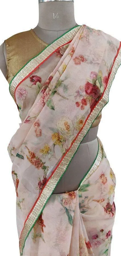Organza Peach Floral Border Work Saree SP19