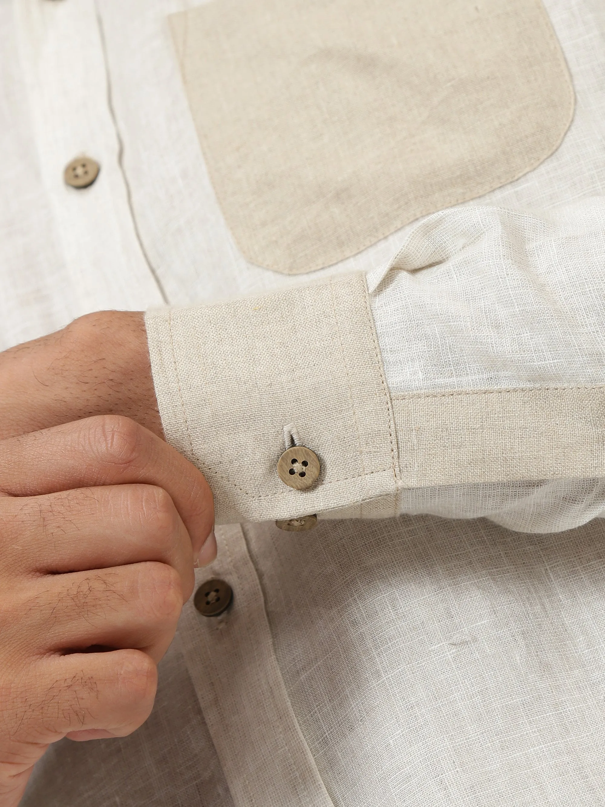 Pascal- Pure Linen Colour Block Full Sleeve Shirt - Ecru