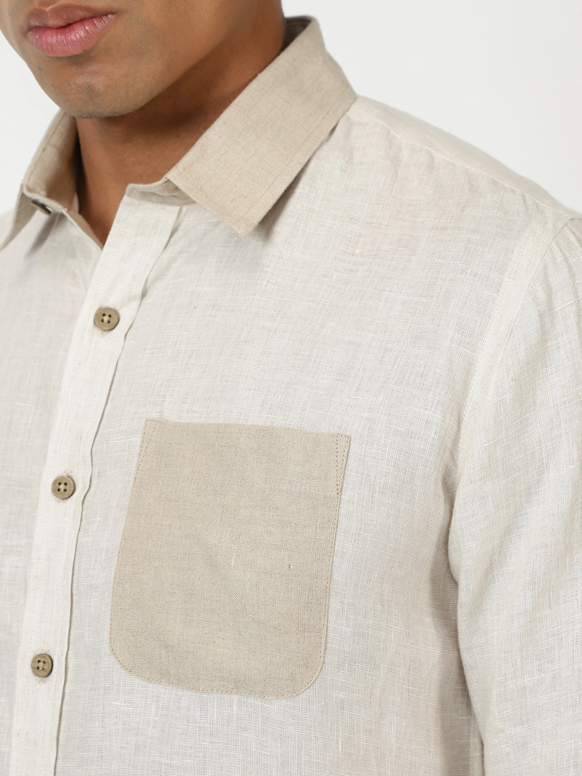Pascal- Pure Linen Colour Block Full Sleeve Shirt - Ecru