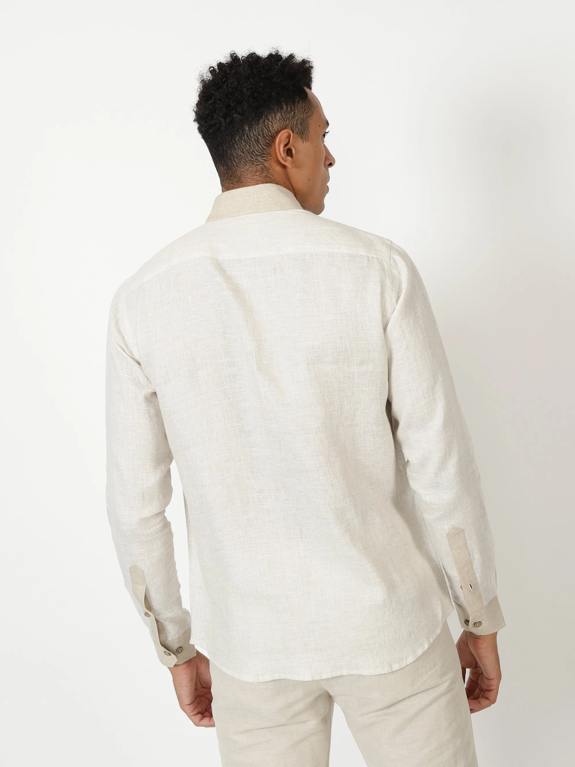 Pascal- Pure Linen Colour Block Full Sleeve Shirt - Ecru