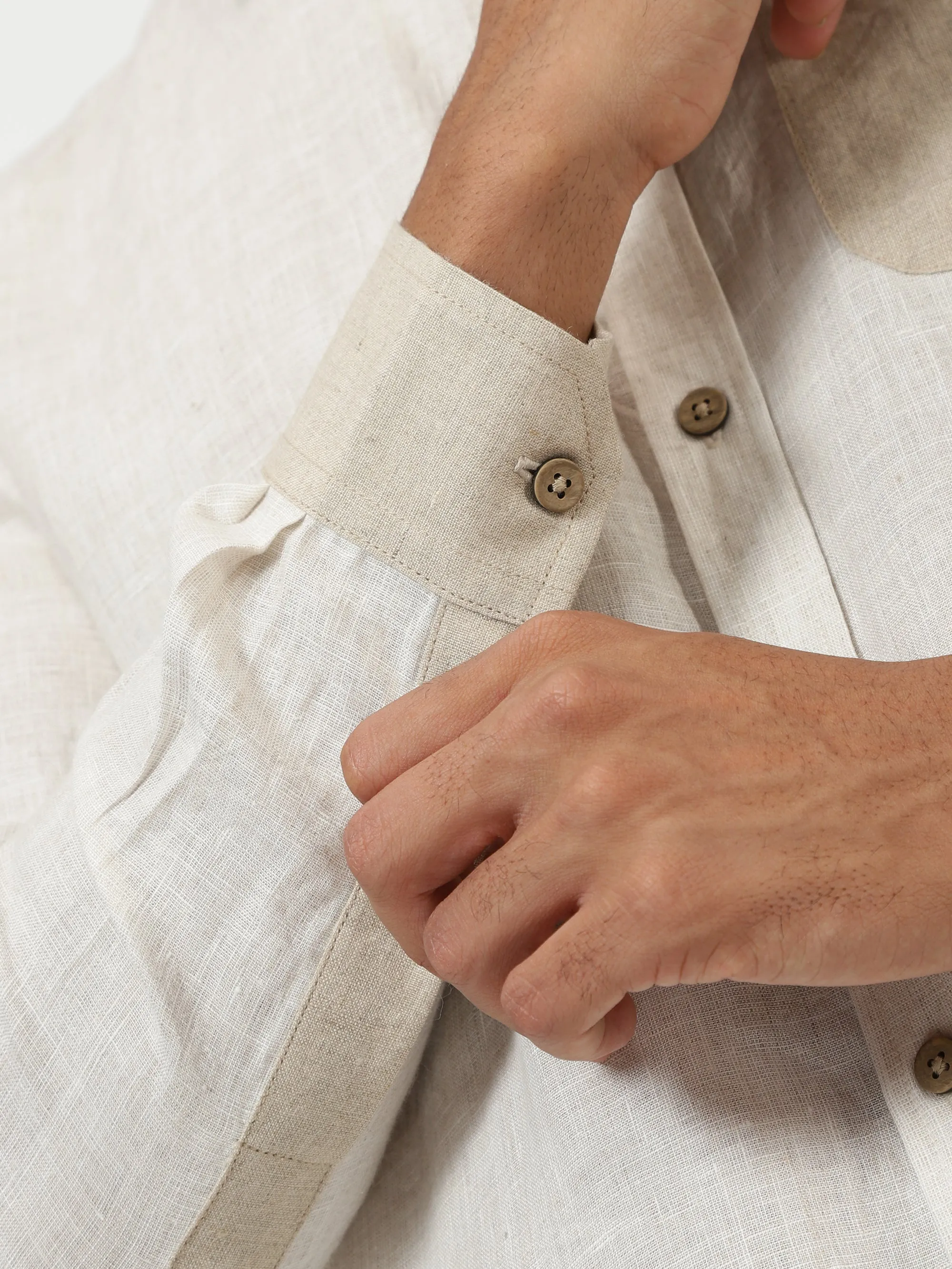 Pascal- Pure Linen Colour Block Full Sleeve Shirt - Ecru