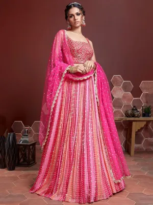 Pink Chinon Silk Embroidered & Digital Print Lehenga Choli Set with Sequins Work Dupatta