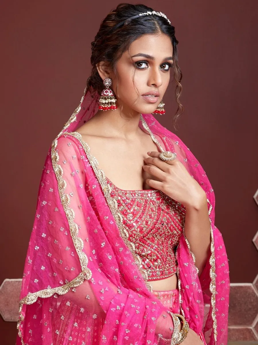 Pink Chinon Silk Embroidered & Digital Print Lehenga Choli Set with Sequins Work Dupatta