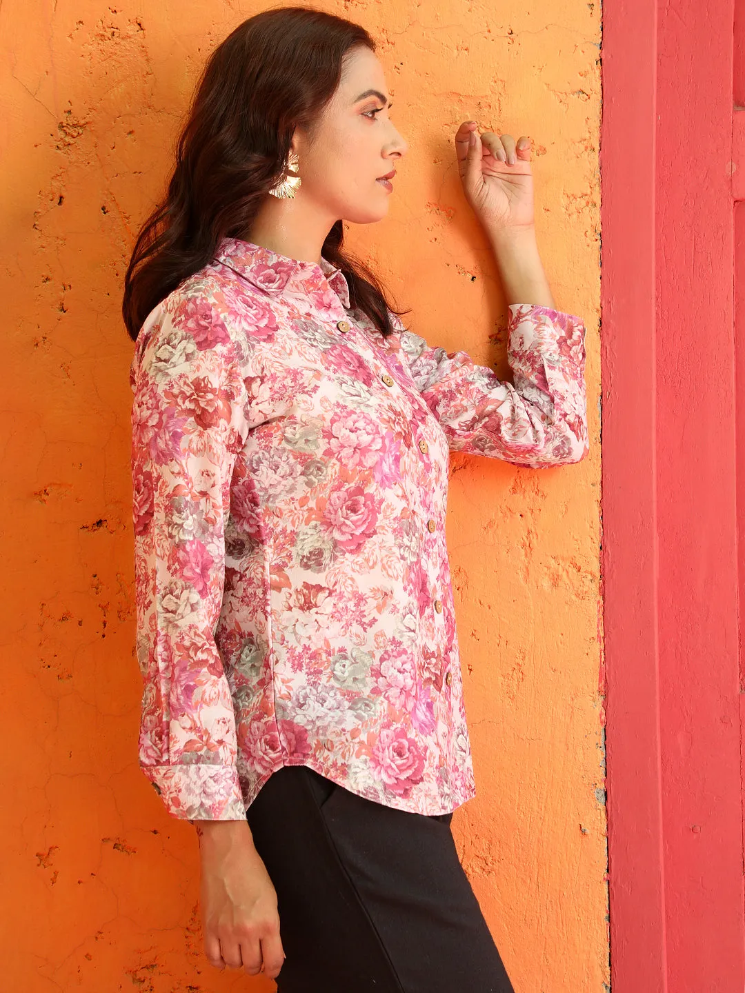 Pink Full Sleeved Floral Shirt