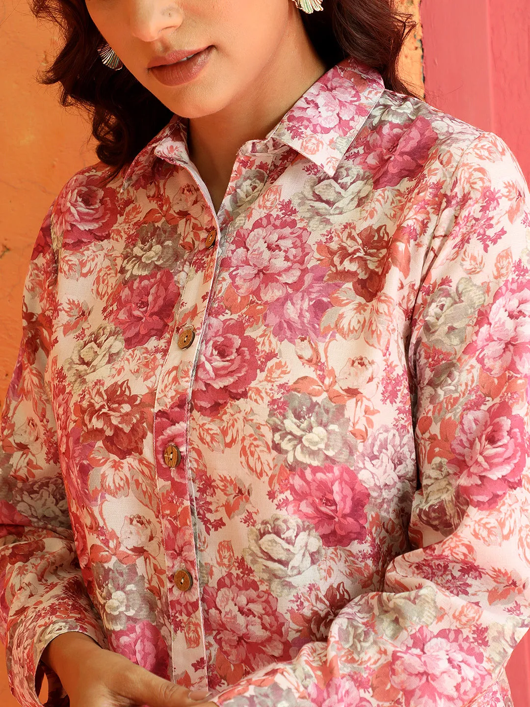 Pink Full Sleeved Floral Shirt