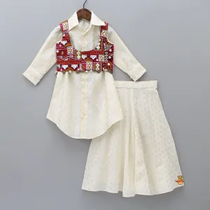 Pre Order: Thread Work Textured Shirt Style Kurti With Colurful Embroidered Crop Top And Flared Palazzo