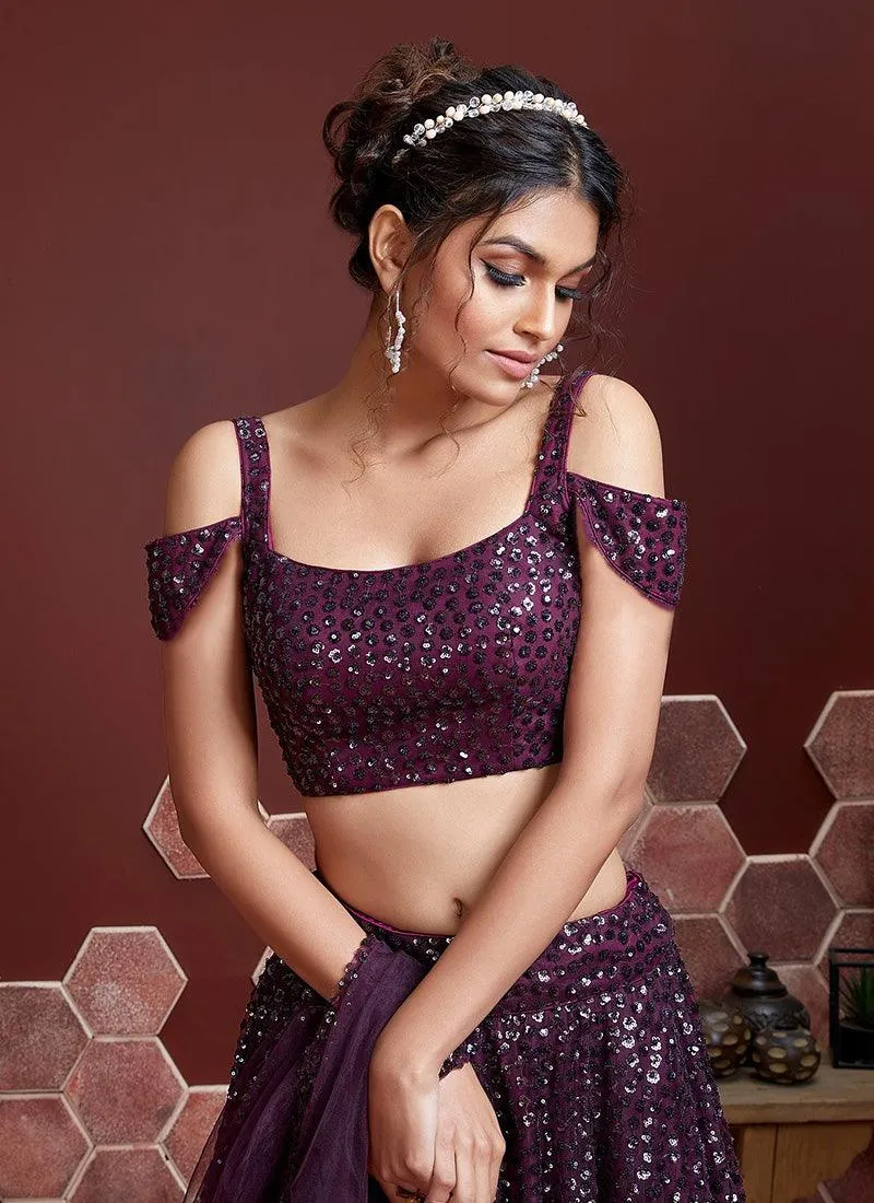 Purple Color Sleeveless Blouse Lehenga With Fully Heavy Sequins Work