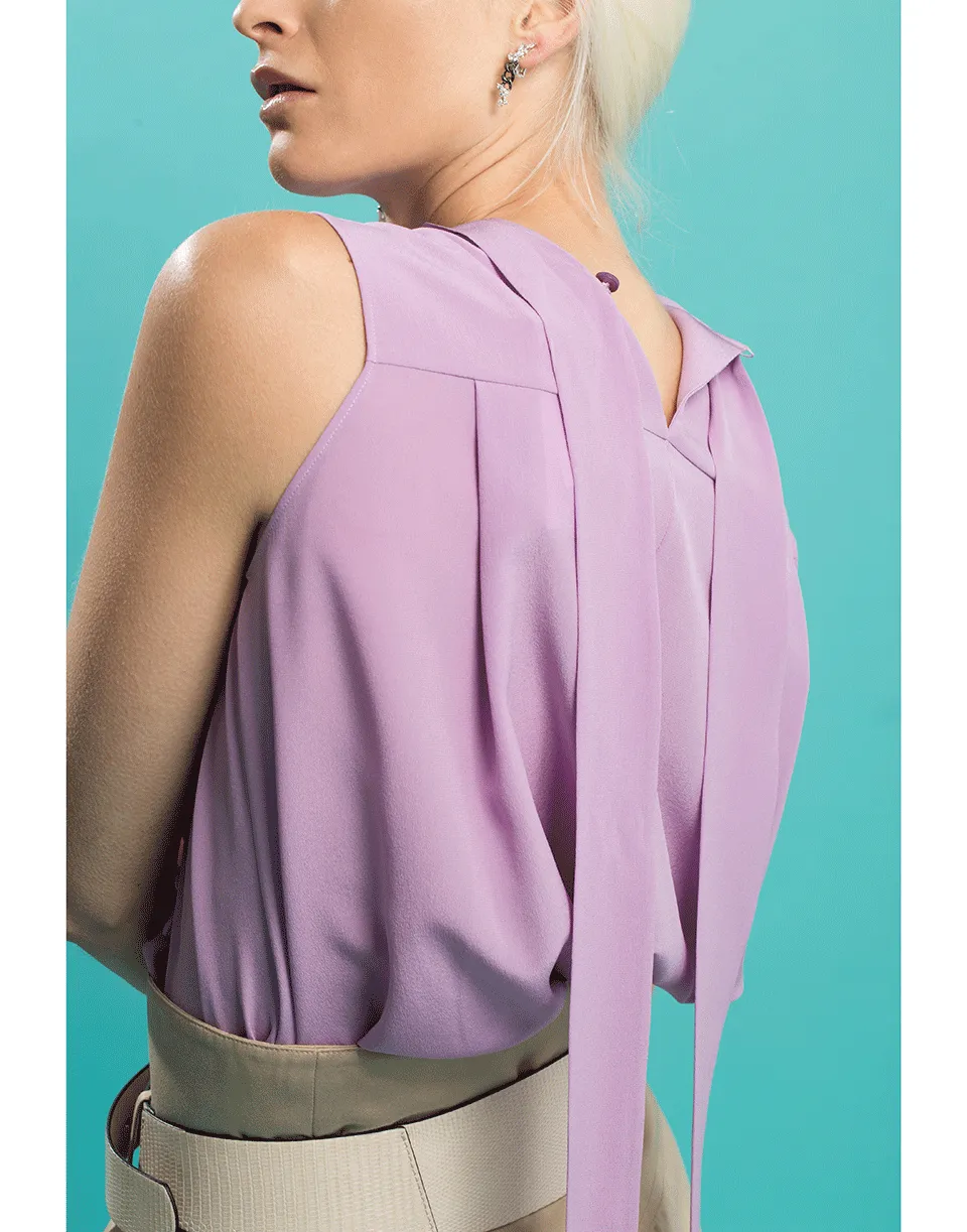 Sleeveless Scarf Neck Button Top