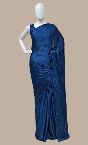 Teal Blue Embroidered Sari