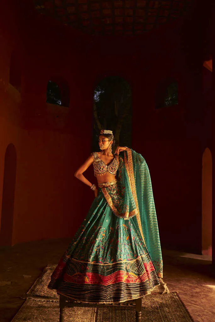 Teal Green Zari Woven Paithani Lehenga