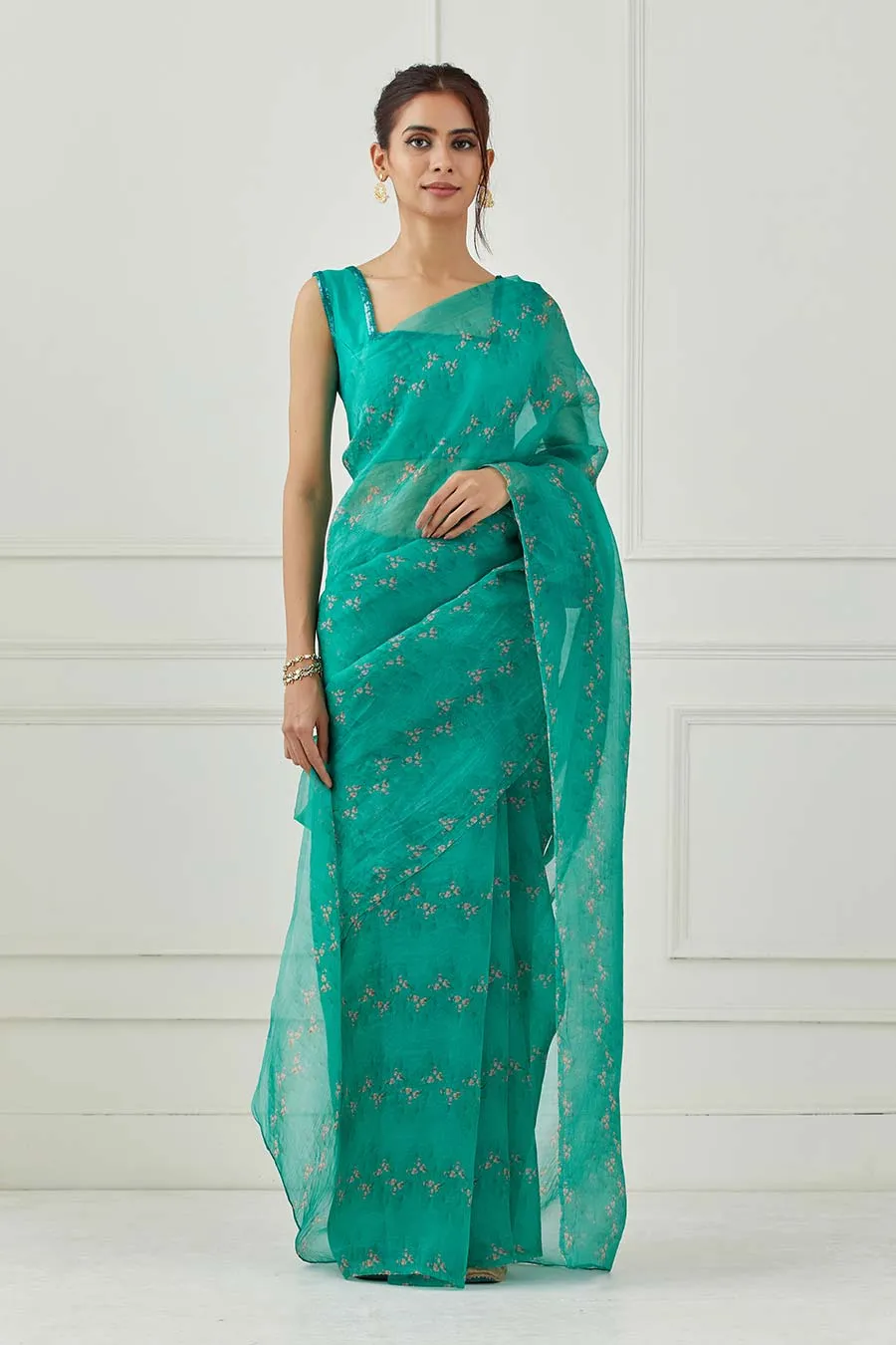 Teal Organza Saree & Blouse Set