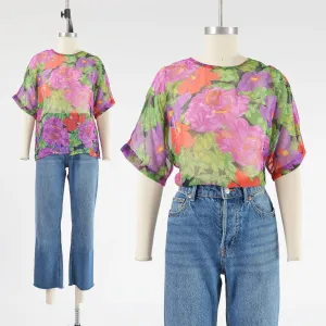 Vintage 80s Colorful Sheer Chiffon Floral Top Dolman Sleeve Blouse Purple Red Green Deadstock size S